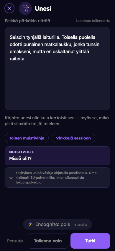 Kuvitteellinen esimerkki: Tallenna unesi