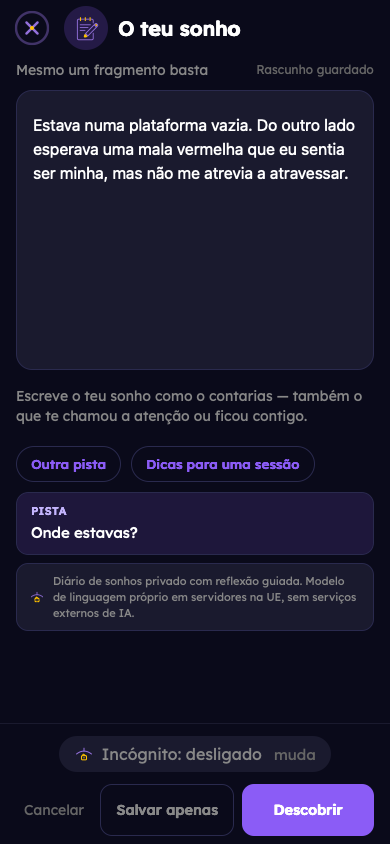 Exemplo fictício: Regista o teu sonho
